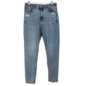 AEO American Eagle Hi-Rise Straight Jeans Long Distressed Stretch Light Size 12